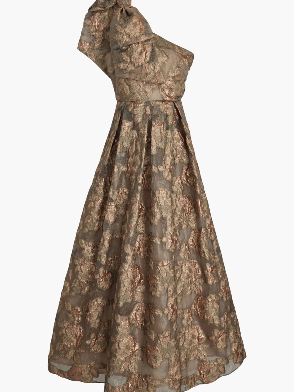 One-Shoulder Metallic Floral Ball Gown in Taupe and Rose - Picture 6 of 9
